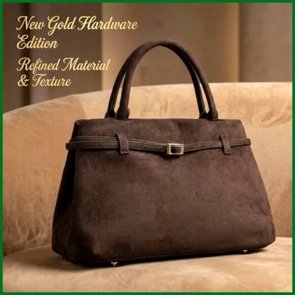 Vegan Suede Tote Bag with Gold Hardware Slouchy Hobo Shoulder Purse - Picture 5 of 7